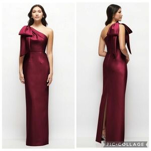ALFRED SUNG One-Shoulder Bow-Accent Maxi Dress in Burgundy